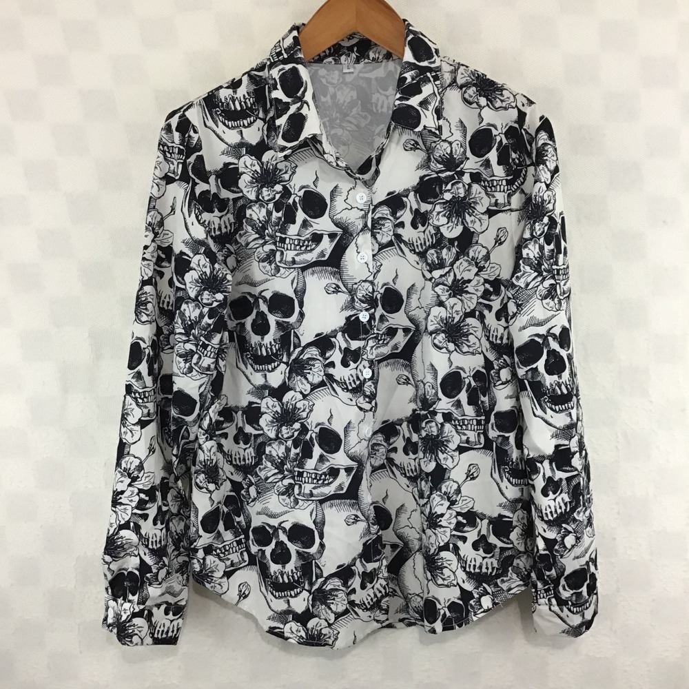 Skull and Floral Print Button Up Shirt White Black Long Sleeve L